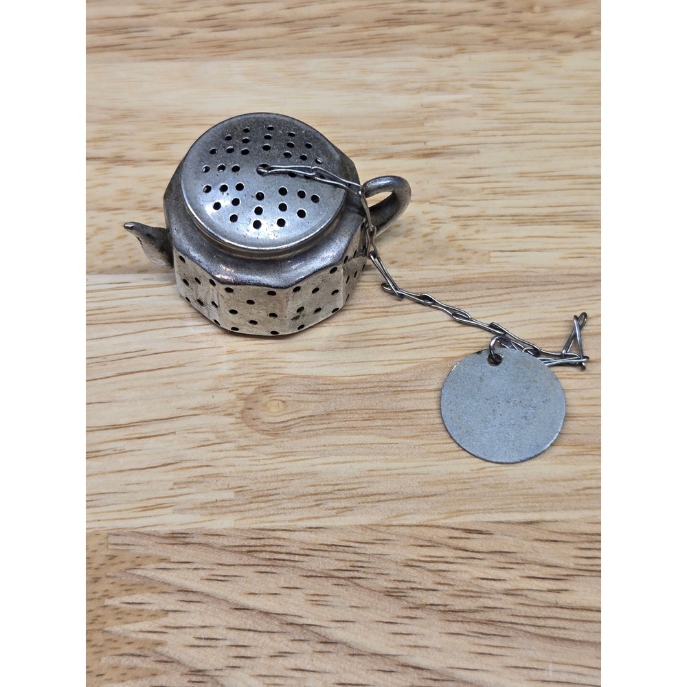 Vintage Silver Tone Teapot Shaped Tea Infuser Steeper with Chain and Tag